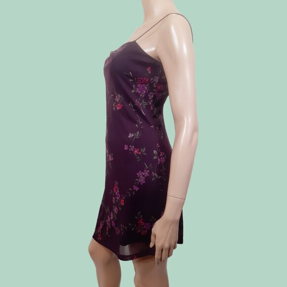 Vintage 90s Y2K Byer Too! Slip Dress Size M Floral Mesh Asymmetric Hem Burgundy - Picture 4 of 7
